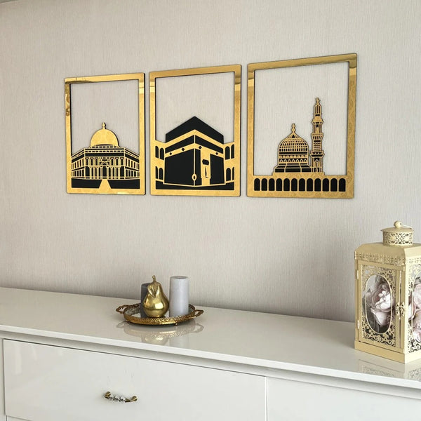 Masjid Al Aqsa, Masjid Al-Haram & Masjid An-Nabawi Wooden Acrylic Islamic Wall Art Set