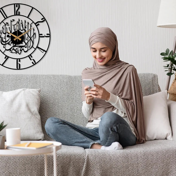 Arabs Kalima Shahada Metal Islamic Wall Clock for Living Room | Modern Islamic Wall Art Decor | Silent Big Arabic Wall Watch for Home Decor, Muslim Gifts (Kalima Shahada, 40 &  50 CM)