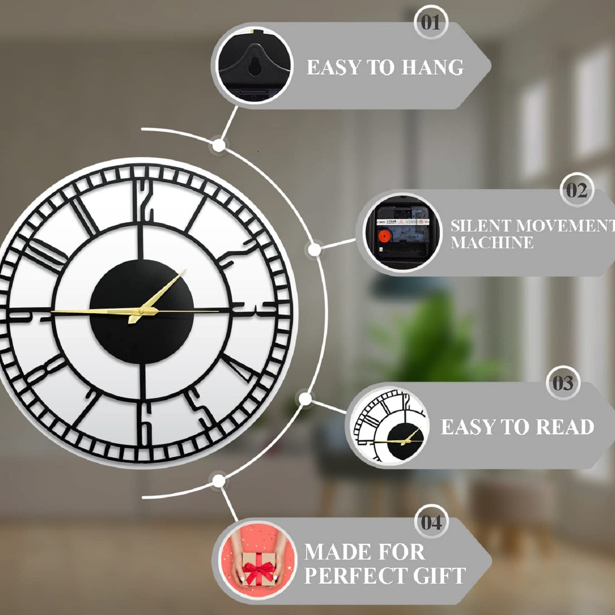 Arabs Stylish Silent Metal Wall Clock for Living Room Bedroom Office Kitchen Home and Hall Fancy Antique Modern Big Hanging Decorative Analog Wall Clock (40Cm & 50 Cm) (Matte Black)