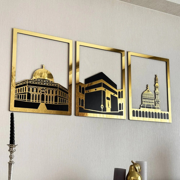 Masjid Al Aqsa, Masjid Al-Haram & Masjid An-Nabawi Wooden Acrylic Islamic Wall Art Set