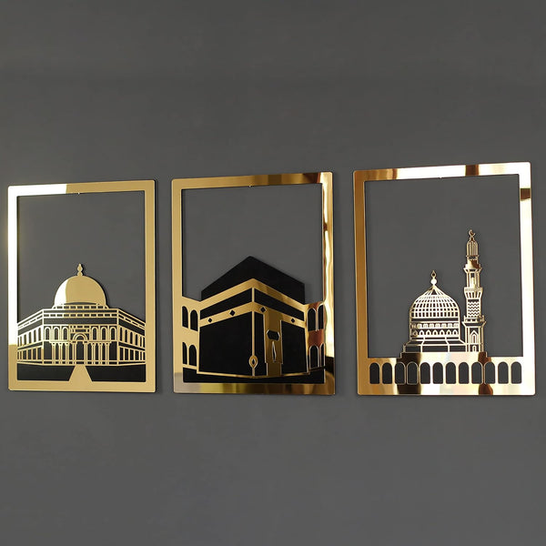 Masjid Al Aqsa, Masjid Al-Haram & Masjid An-Nabawi Wooden Acrylic Islamic Wall Art Set