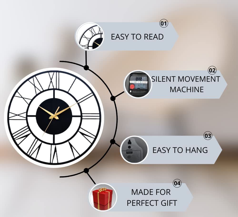 Arabs Metal Antique Big Size Hanging Roman Number Watch for Living Room, Bedroom, Office, Decorative Analog Wall Clock for Home Decor (40 & 50 Cm, Matte Black)