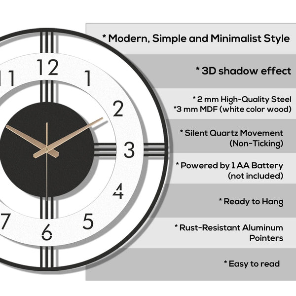 Arabs Morden Metal & Wooden Analog Wall Clock for Living Room Bedroom Office Kitchen Stylish Wall Clock for Home and Hall Designer Big Size Modern (Round White, 40 & 50CM)